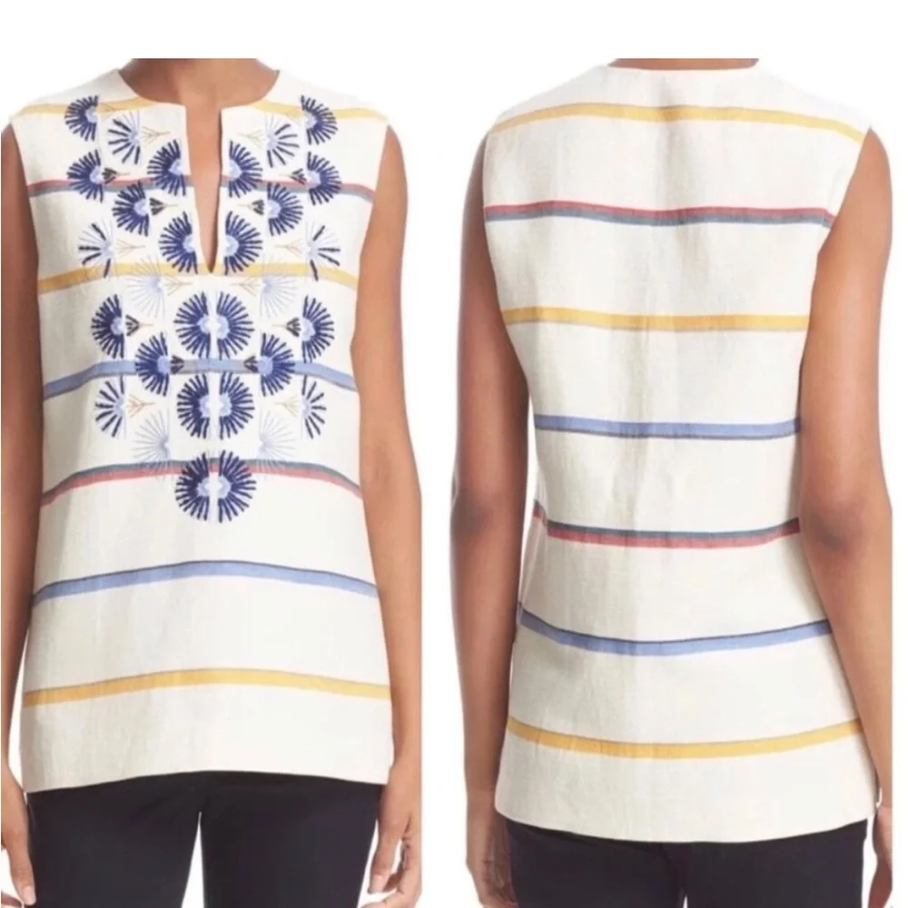 Tory Burch “Avery” Tunic with Navy Embroidery, and Multi-Colored Striped Body